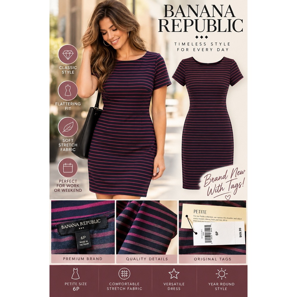 Banana Republic Petite Striped Knit Sheath Dress Navy Magenta Short Sleeve NWT